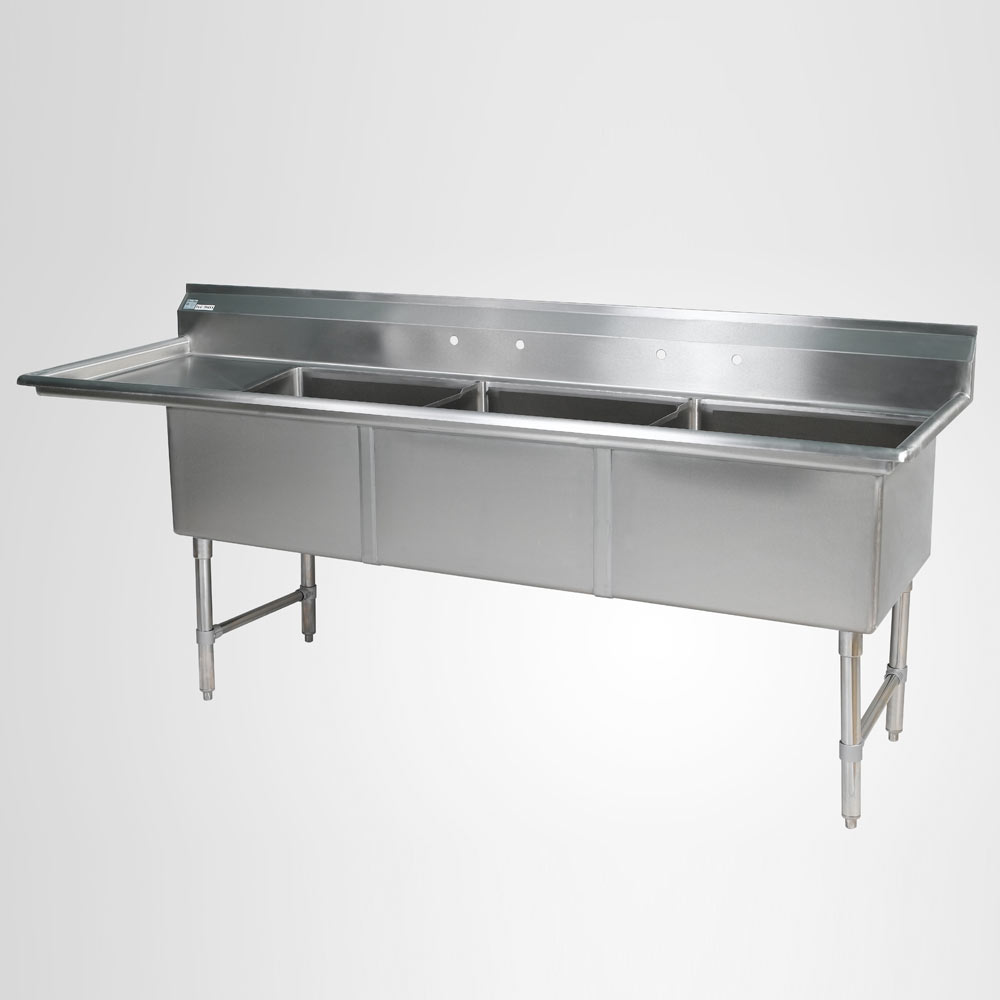 3 compartment stainless steel sink drain board left 24x24